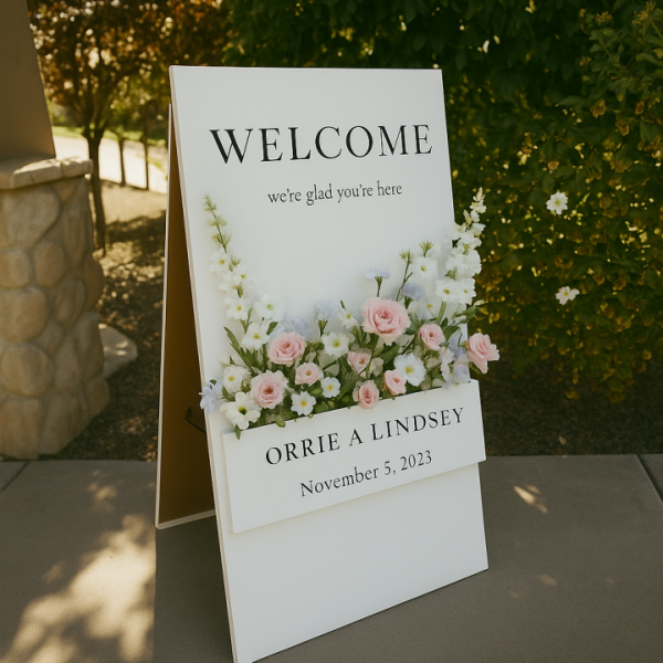 Welkomstbord met bloemen